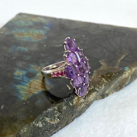 Sterling Silver 925 STS Multi Gemstone Amethyst & Garnet Statement Ring Sz 9 - Picture 4 of 16